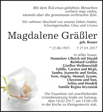 Traueranzeige von Magdalene Gräßler von Mitteldeutsche Zeitung Naumburg/Nebra