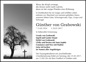 Traueranzeige von Günther von Grabowski von Mitteldeutsche Zeitung Mansfelder Land