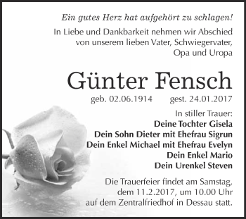 Traueranzeige von Günter Fensch von WVG - Wochenspiegel Bitterfeld