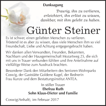 Traueranzeige von Günter Steiner von Super Sonntag Wittenberg