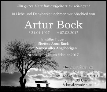 Traueranzeige von Artur Bock von Mitteldeutsche Zeitung Mansfelder Land