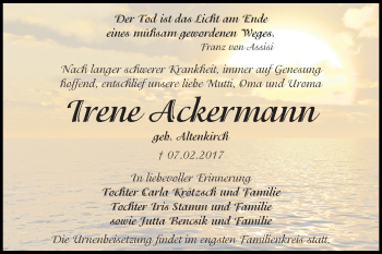 Traueranzeige von Irene Ackermann von WVG - Wochenspiegel Dessau / Köthen