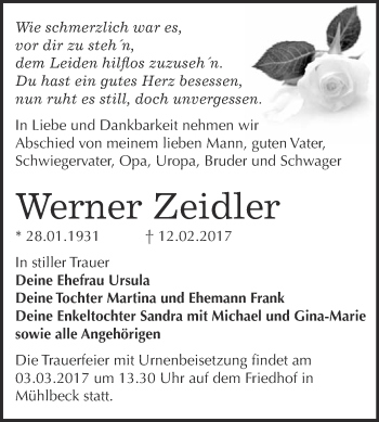 Traueranzeige von Werner Zeidler von WVG - Wochenspiegel Bitterfeld