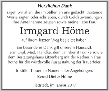 Traueranzeige von Irmgard Höme von Super Sonntag SGH Mansf. Land