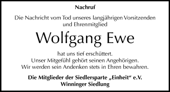 Traueranzeige von Wolfgang Ewe von Mitteldeutsche Zeitung Aschersleben