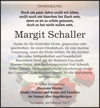 Traueranzeige von Margit Schaller von Mitteldeutsche Zeitung Merseburg/Querfurt