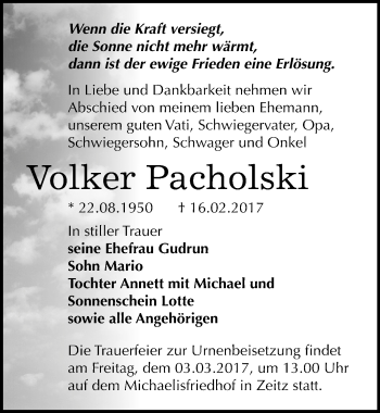 Traueranzeige von Volker Pacholski von Mitteldeutsche Zeitung Zeitz