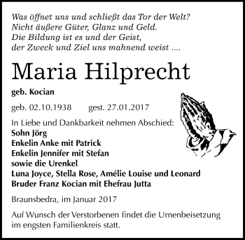 Traueranzeige von Maria Hilprecht von Mitteldeutsche Zeitung Merseburg/Querfurt