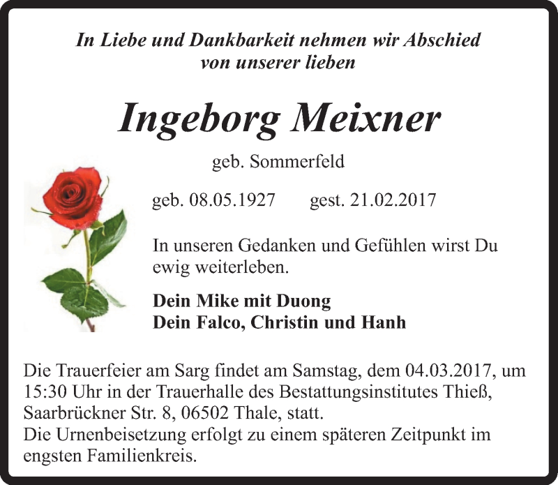  Traueranzeige für Ingeborg Meisner vom 28.02.2017 aus Mitteldeutsche Zeitung Quedlinburg
