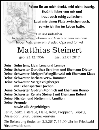 Traueranzeige von Matthias Steinert von Mitteldeutsche Zeitung Zeitz