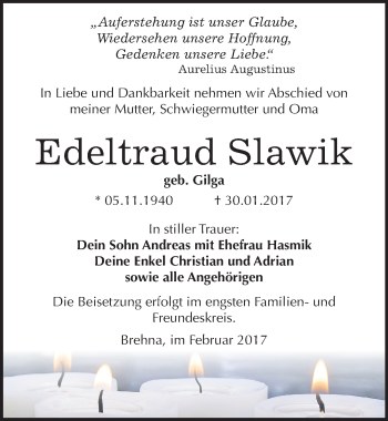 Traueranzeige von Edeltraud Slawik von Mitteldeutsche Zeitung Bitterfeld