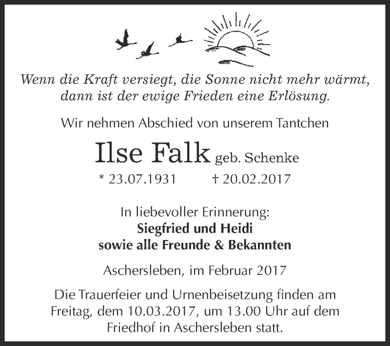  Traueranzeige für Ilse Falk vom 25.02.2017 aus Super Sonntag SGH Mansf. Land