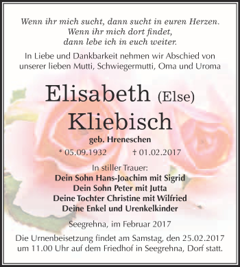 Traueranzeige von Elisabeth Kliebisch von Super Sonntag Wittenberg