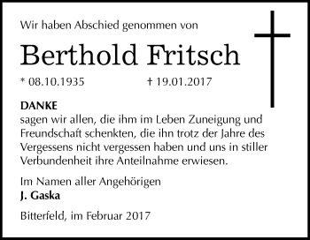 Traueranzeige von Berthold Fritsch von WVG - Wochenspiegel Bitterfeld