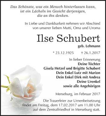 Traueranzeige von Ilse Schubert von Mitteldeutsche Zeitung Merseburg/Querfurt