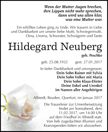 Traueranzeige von Hildegard Neuberg von Super Sonntag SGH Mansf. Land