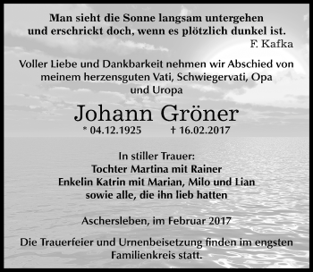Traueranzeige von Johann Gröner von Mitteldeutsche Zeitung Aschersleben