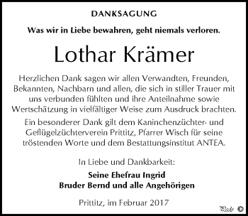 Traueranzeige von Lothar Krämer von Mitteldeutsche Zeitung Weißenfels
