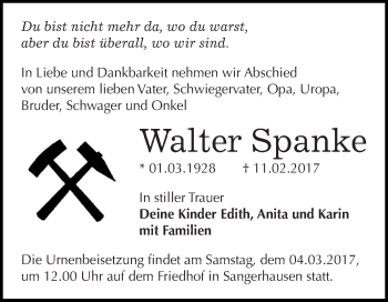 Traueranzeige von Walter Spanke von Super Sonntag SGH Mansf. Land