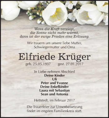 Traueranzeige von Elfriede Krüger von Mitteldeutsche Zeitung Mansfelder Land