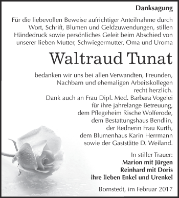 Traueranzeige von Waltraud Tunat von Super Sonntag SGH Mansf. Land
