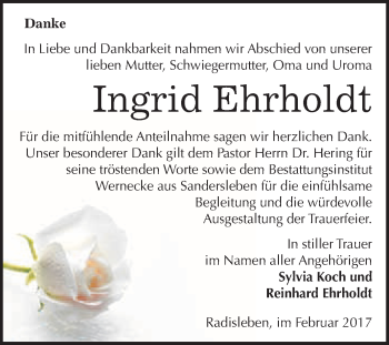 Traueranzeige von Ingrid Ehrholdt von Super Sonntag Quedlinburg