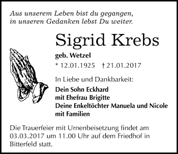 Traueranzeige von Sigrid Krebs von Mitteldeutsche Zeitung Bitterfeld