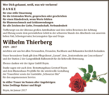 Traueranzeige von Wilhelm Thierberg von Super Sonntag SGH Mansf. Land