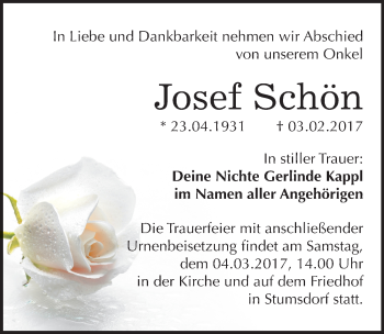 Traueranzeige von Josef Schön von Mitteldeutsche Zeitung Bitterfeld