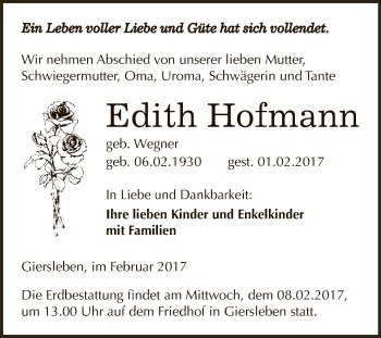 Traueranzeige von Edith Hofmann von Super Sonntag SGH Mansf. Land