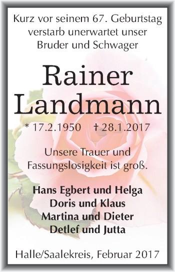 Traueranzeige von Rainer Landmann von Mitteldeutsche Zeitung Halle/Saalkreis