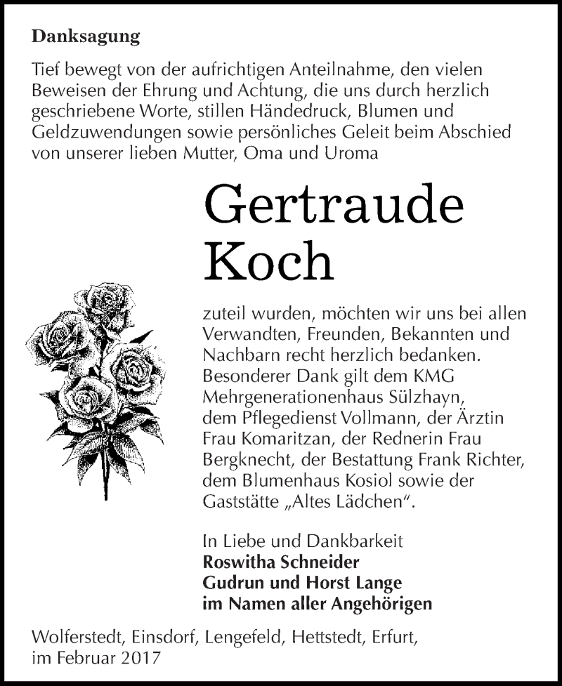  Traueranzeige für Gertraude Koch vom 04.02.2017 aus Super Sonntag SGH Mansf. Land