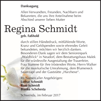Traueranzeige von Regina Schmidt von Super Sonntag Quedlinburg