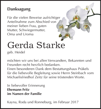 Traueranzeige von Gerda Starke von Mitteldeutsche Zeitung Zeitz