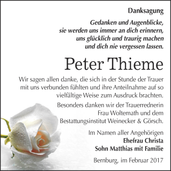 Traueranzeige von Peter Thieme von Super Sonntag Bernburg