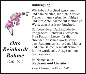 Traueranzeige von Otto Reinhardt Böhme von Mitteldeutsche Zeitung Aschersleben