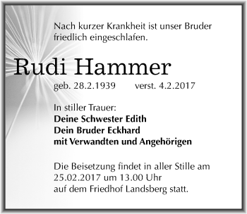 Traueranzeige von Rudi Hammer von Mitteldeutsche Zeitung Halle/Saalkreis