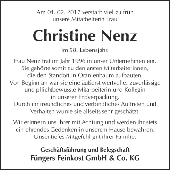 Traueranzeige von Christine Nenz von Super Sonntag Wittenberg
