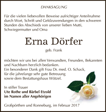 Traueranzeige von Erna Dörfer von Super Sonntag Zeitz
