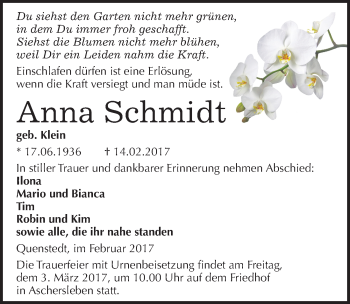Traueranzeige von Anna Schmidt von Mitteldeutsche Zeitung Mansfelder Land