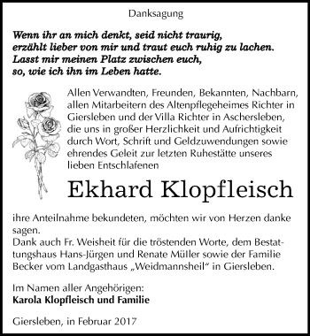 Traueranzeige von Ekhard Klopfleisch von Mitteldeutsche Zeitung Aschersleben
