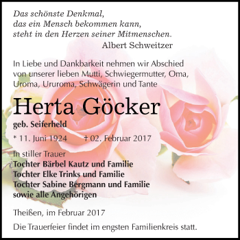 Traueranzeige von Herta Göcker von Super Sonntag Zeitz