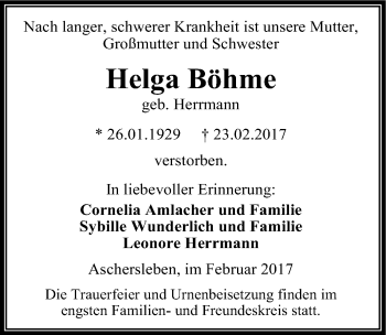 Traueranzeige von Helga Böhme von Mitteldeutsche Zeitung Aschersleben