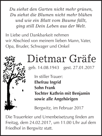 Traueranzeige von Dietmar Gräfe von Super Sonntag Wittenberg