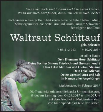 Traueranzeige von Waltraut Schüttauf von Mitteldeutsche Zeitung Bitterfeld