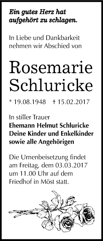 Traueranzeige von Rosemarie Schluricke von WVG - Wochenspiegel Bitterfeld