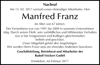Traueranzeige von Manfred Franz von Mitteldeutsche Zeitung