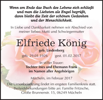 Traueranzeige von Elfriede König von Mitteldeutsche Zeitung Merseburg/Querfurt