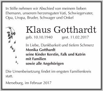 Traueranzeige von Klaus Gotthardt von Super Sonntag Halle