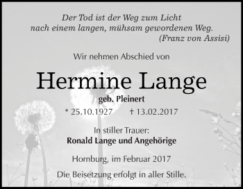 Traueranzeige von Hermine Lange von Super Sonntag SGH Mansf. Land